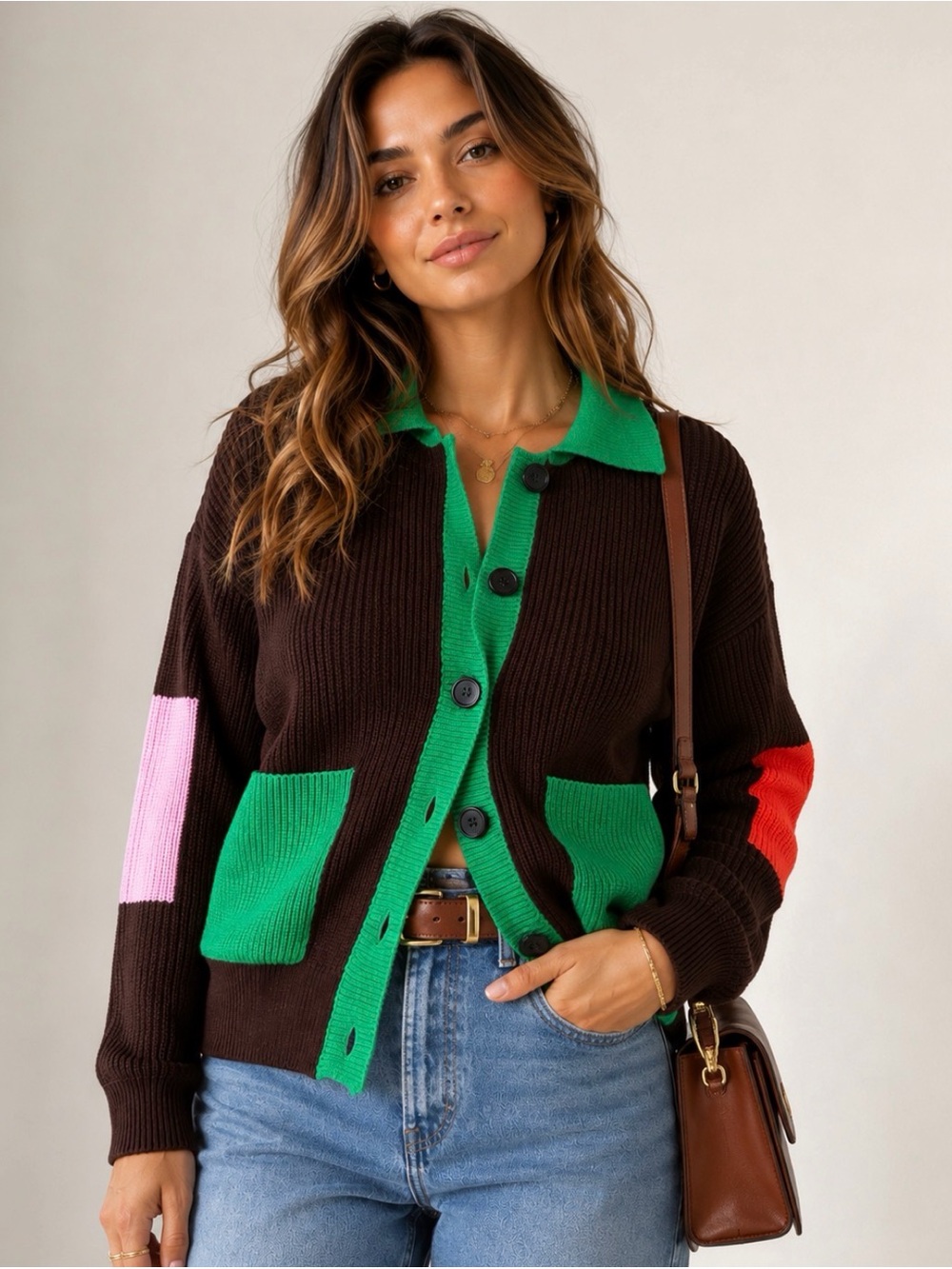 FRNCH PARIS Colorblock Rib Knit Brown Cardigan Sweater with Green Trim